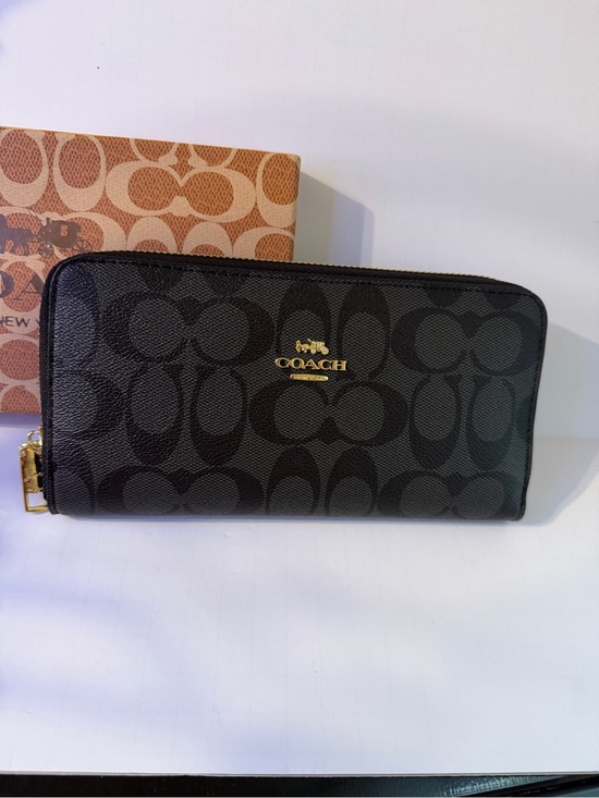 Coach Accessories - Coach Black Signature Zip Around Wallet with Gold Logo